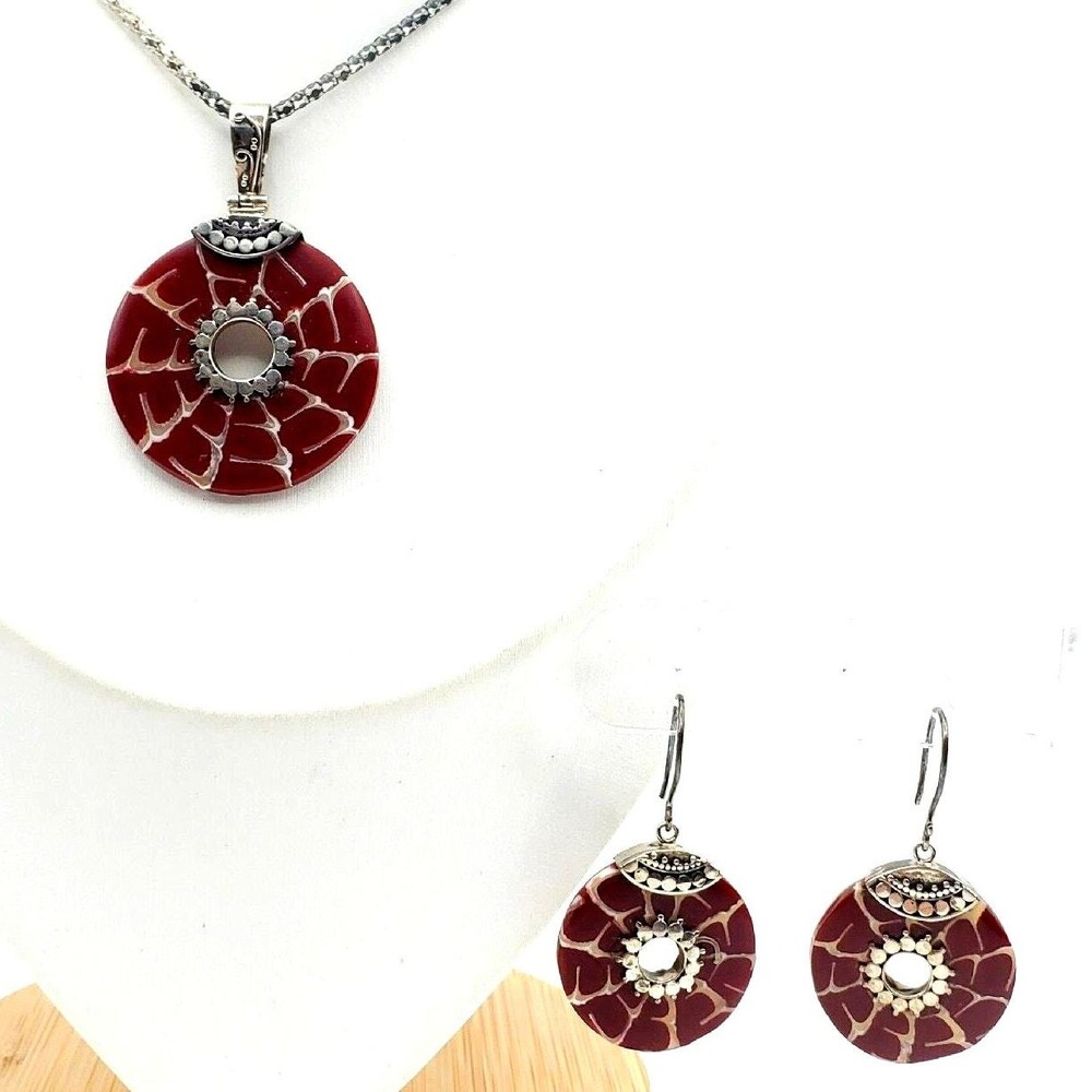 925 Sterling Silver Pendant & Earrings Red Faux Shell Resin Summer Vintage 1990s